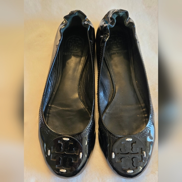 Tory Burch Minnie Ballet Flat Patent Black Leather Shoes Logo Size 8M - Picture 2 of 16